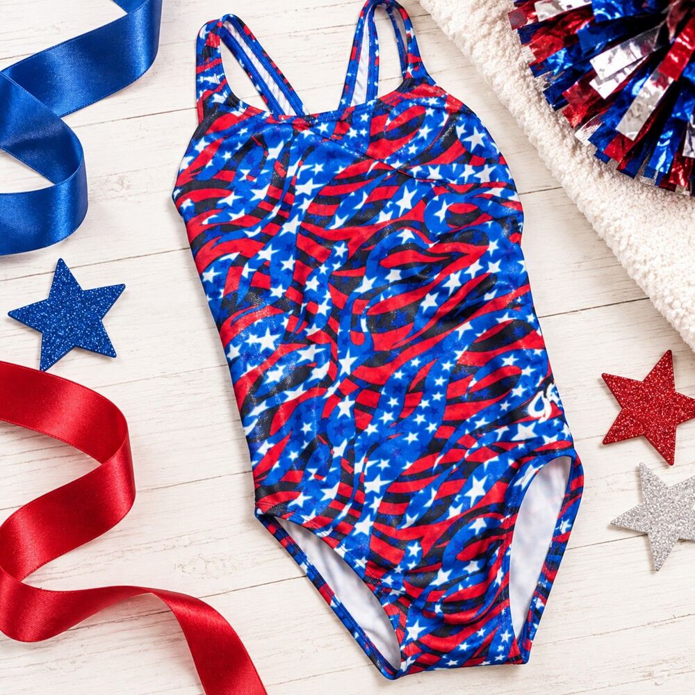 GK Elite Women’s Large Patriotic Gymnastics Leotard Red White Blue Stars USA